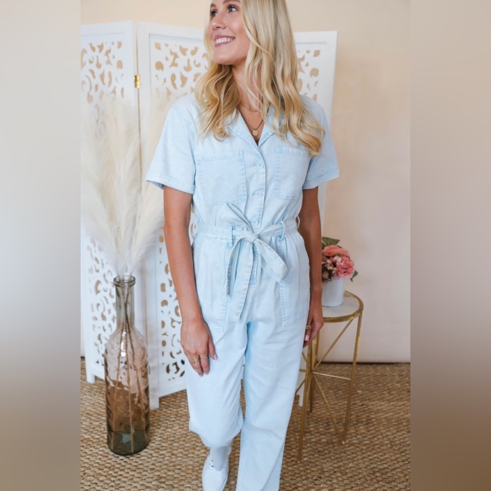 Ice blue washed denim utility jumpsuit - NWT, M